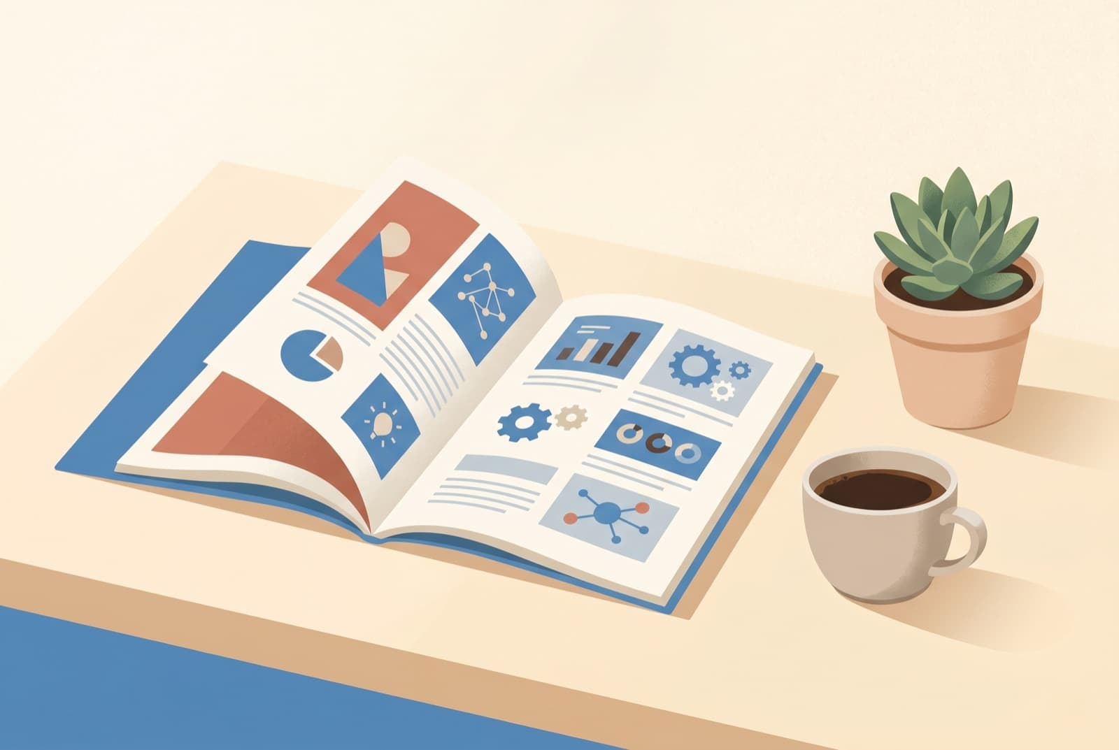 Open illustrated booklet on a desk