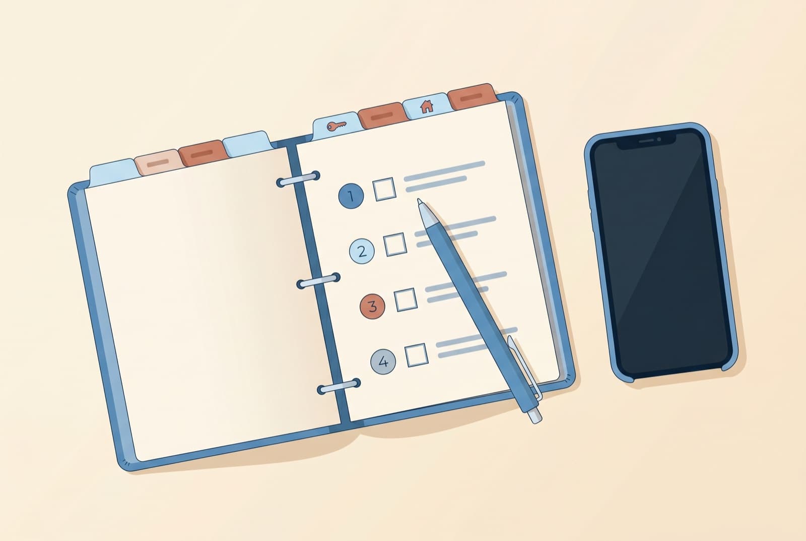 Tabbed binder with a numbered checklist