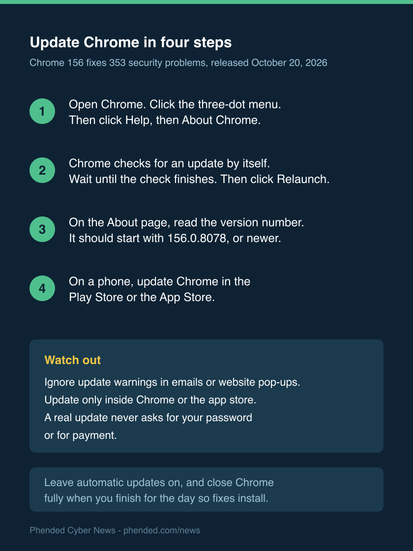 Four steps: open the Chrome menu and choose About Chrome. Let the check finish and click Relaunch. Confirm the version starts with 156.0.8078 or newer. Update from the app store on phones. Never use an update link from an email or pop-up.