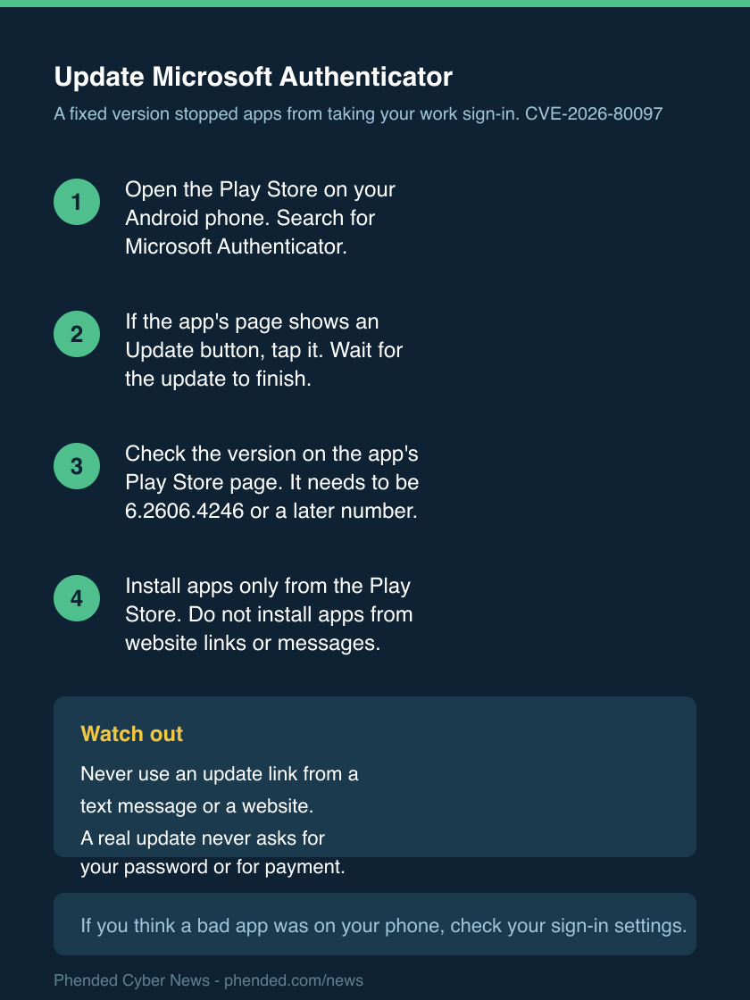 Four steps: open the Play Store on your Android phone and search for Microsoft Authenticator. Tap Update if the button shows and wait for it to finish. Check the version on the app's Play Store page. It needs to be 6.2606.4246 or later. Install apps only from the Play Store.