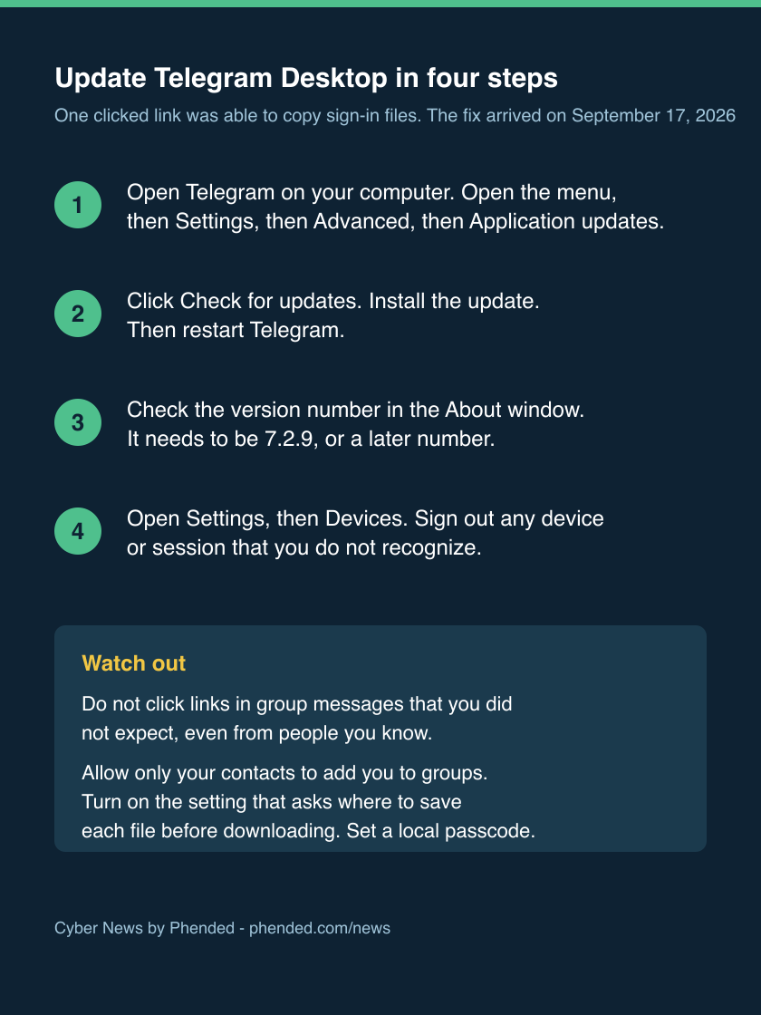 Four steps: open Telegram on your computer, then the menu, Settings, Advanced, and Application updates. Click Check for updates, install it, and restart Telegram. Check the version in the About window. It needs to be 7.2.9 or later. Open Settings and Devices, and sign out sessions you do not recognize.